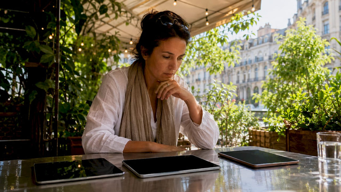 Woman testing three tablets side by side in café