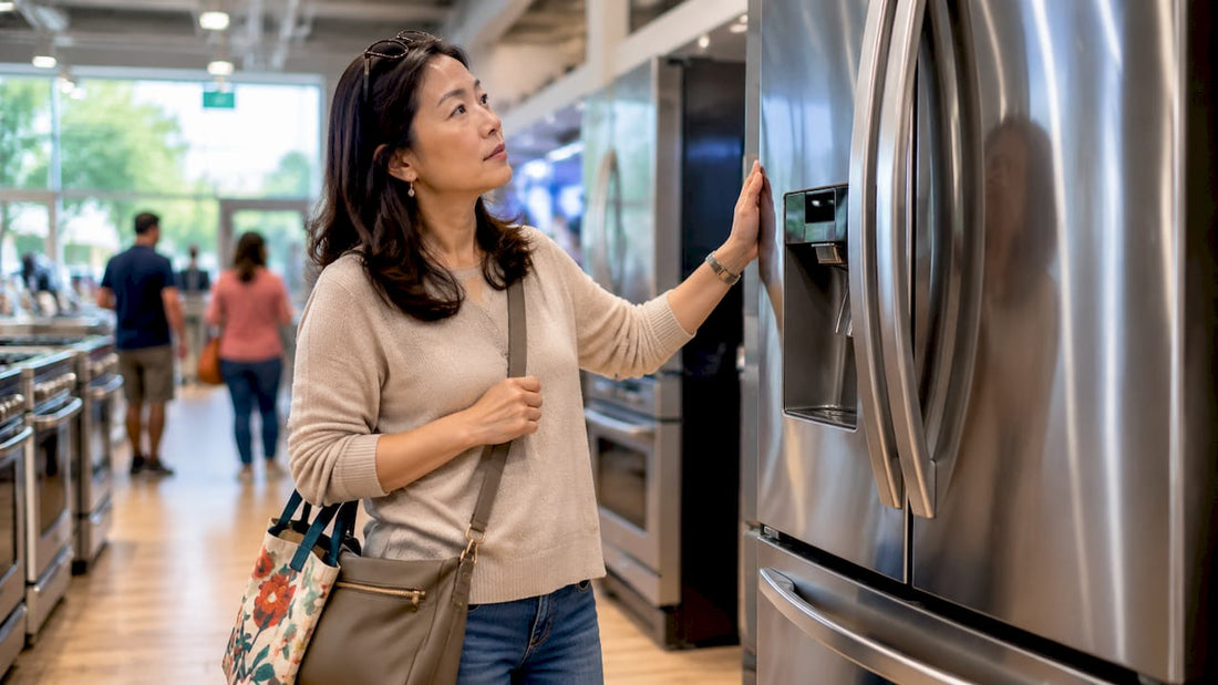 Woman inspecting refrigerator in appliance store