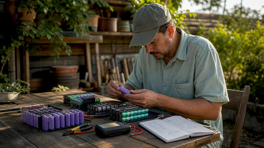 Technician inspecting selected battery sources on workbench
