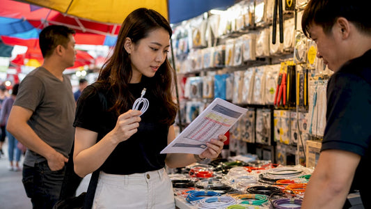 Shopper inspecting electronic cables at Sim Lim Square