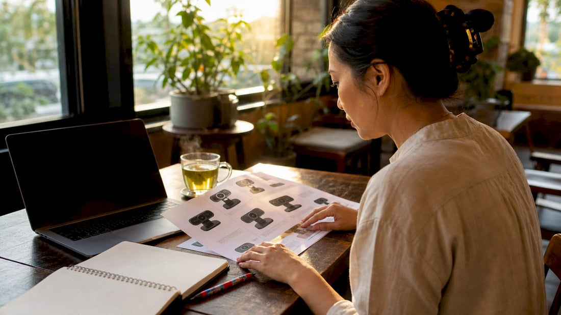 Woman reviewing webcam comparison charts at desk