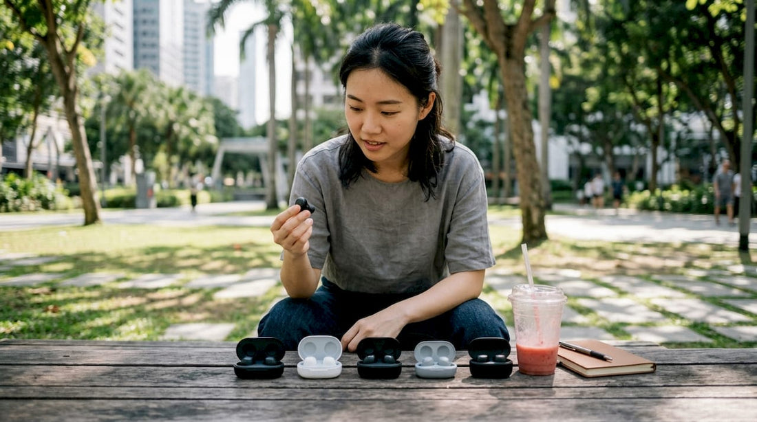 Woman comparing wireless earbuds at café table