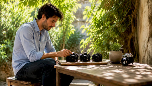 Photographer comparing three cameras on studio table