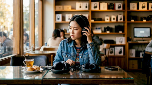 Woman testing headset in electronics store