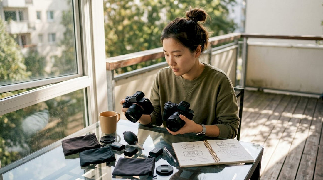 Woman comparing two video cameras at home desk
