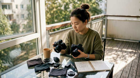 Woman comparing two video cameras at home desk
