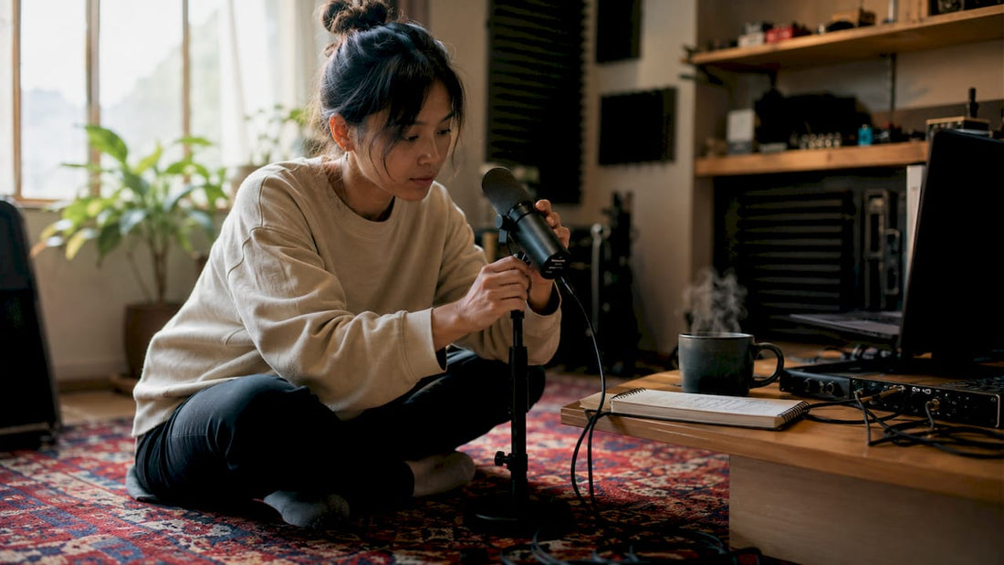 Woman testing microphone in electronics showroom