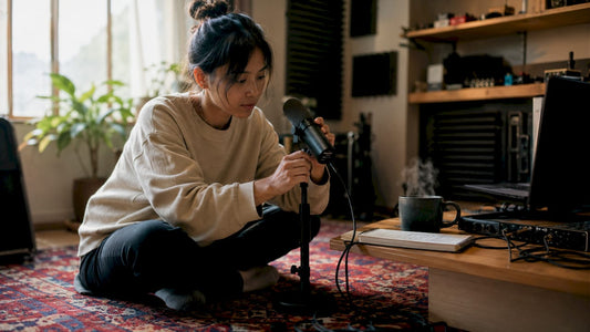 Woman testing microphone in electronics showroom