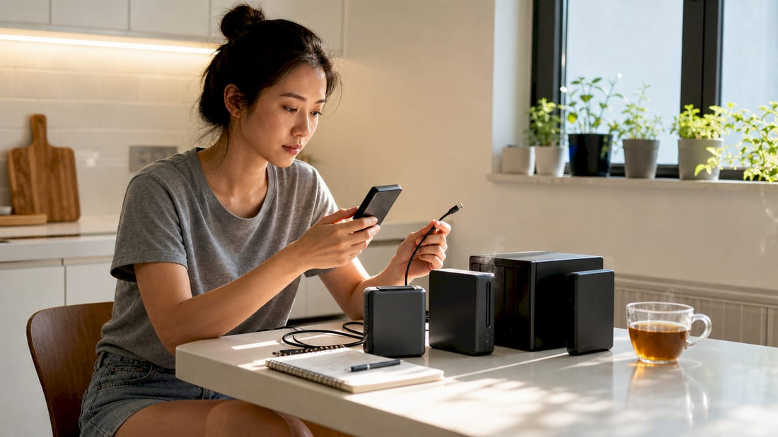 Woman comparing external drives and NAS devices