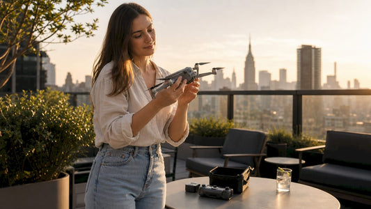 Shopper examines drone in retail store