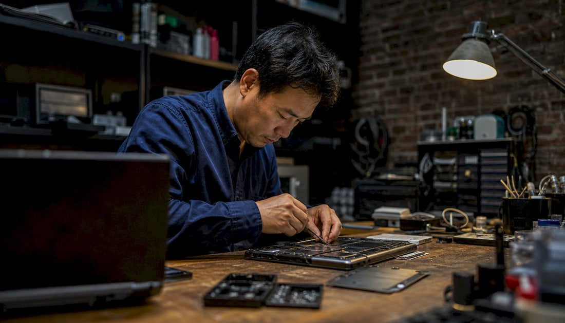Technician inspecting disassembled laptop indoors