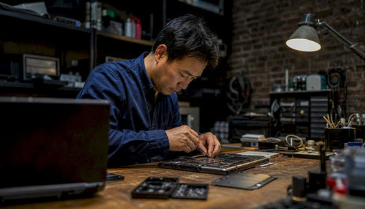 Technician inspecting disassembled laptop indoors