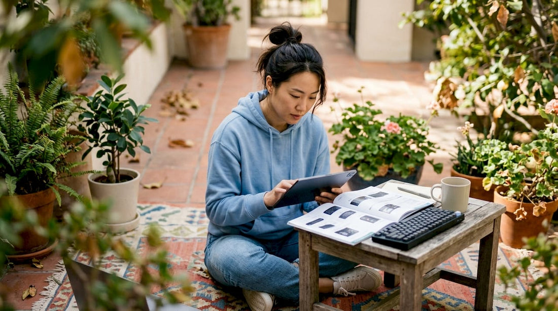 Woman researching computer parts prices at home desk