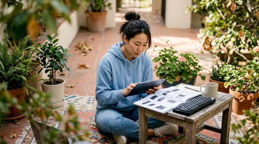 Woman researching computer parts prices at home desk
