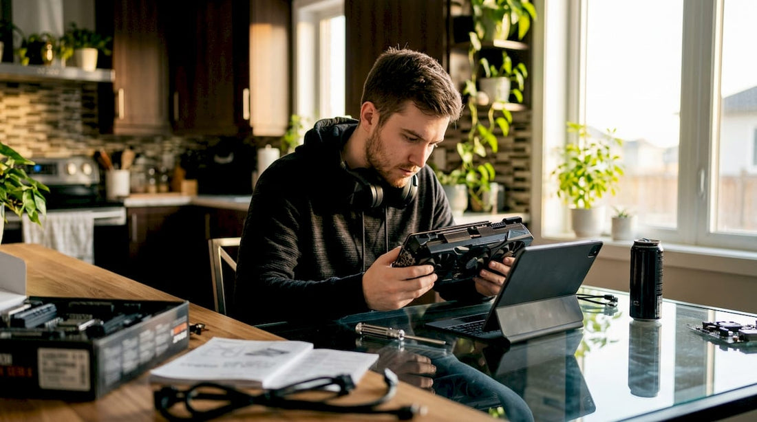 Gamer inspecting PC components at home desk