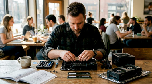 Person assembling computer parts at workbench