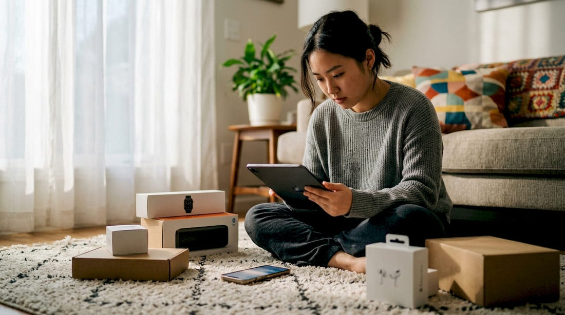 Woman comparing electronics prices at home