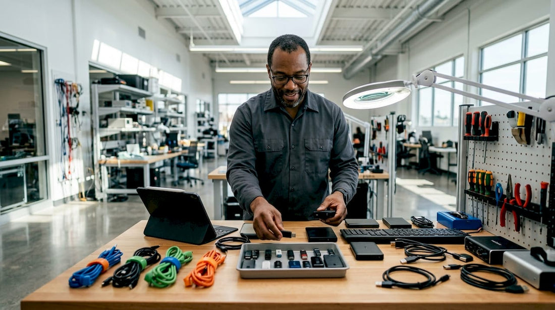 Technician organizing USB devices at workbench