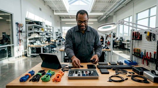 Technician organizing USB devices at workbench