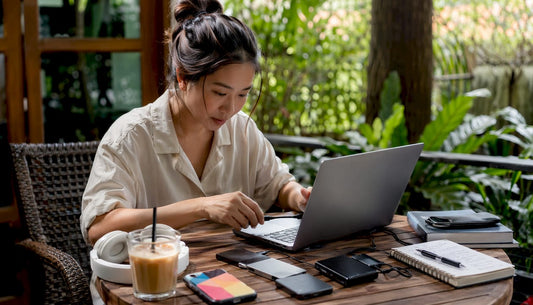 Woman testing different portable SSD drives at home