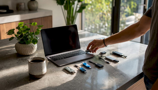 Variety of USB adapters on desk near laptop