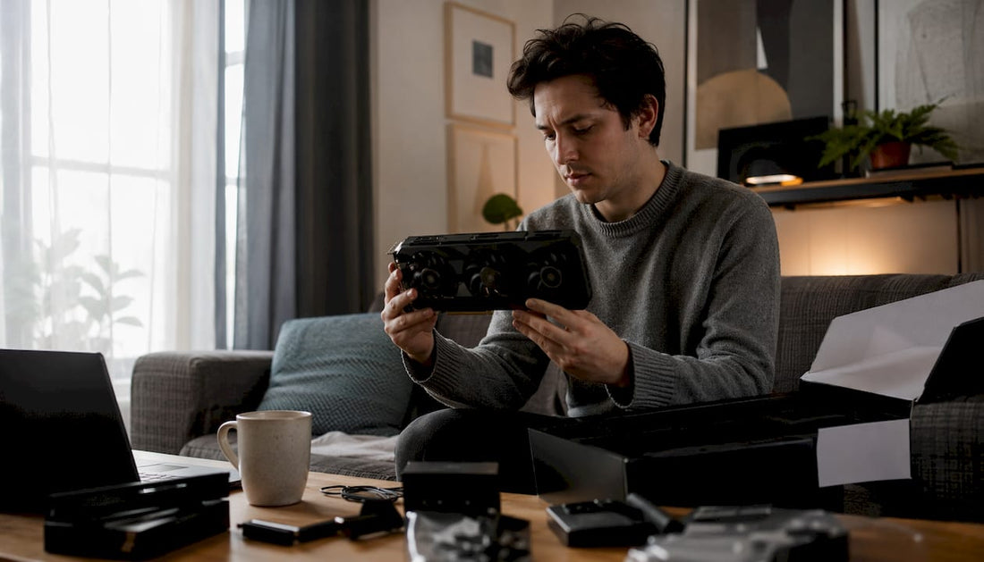 Person inspecting a new graphics card