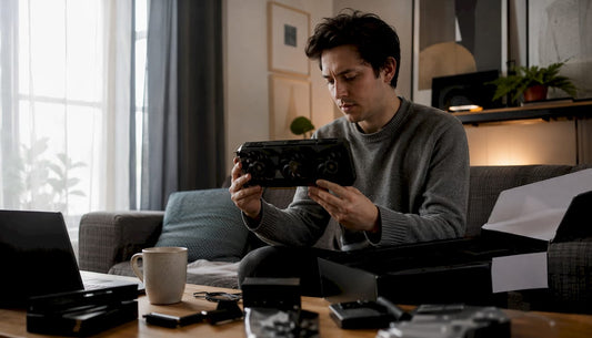 Person inspecting a new graphics card