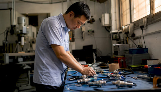 Engineer reviewing thermal sensor devices at factory office