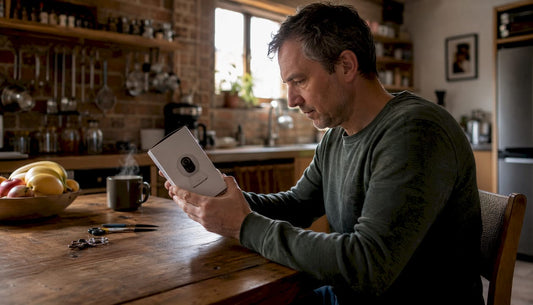 Man inspecting IP camera box in living room