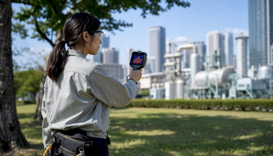 Engineer using handheld thermal camera outdoors