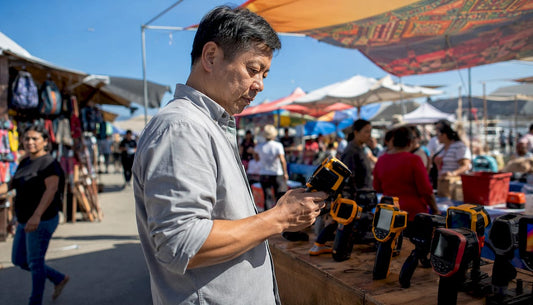 Man examining handheld thermal camera in store